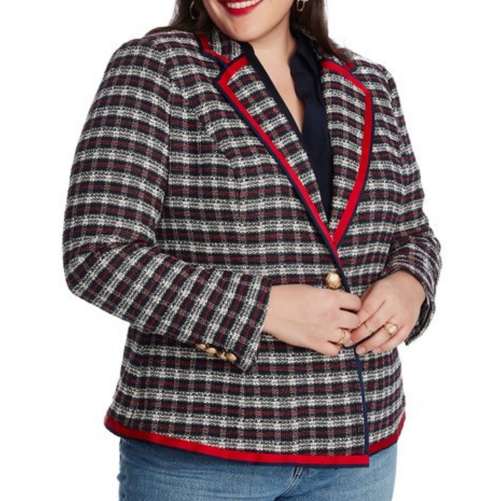 Court & Rowe Plaid Tweed Blazer Navy Blue Red Ribbon Trim Women's Size 18W - Picture 14 of 14